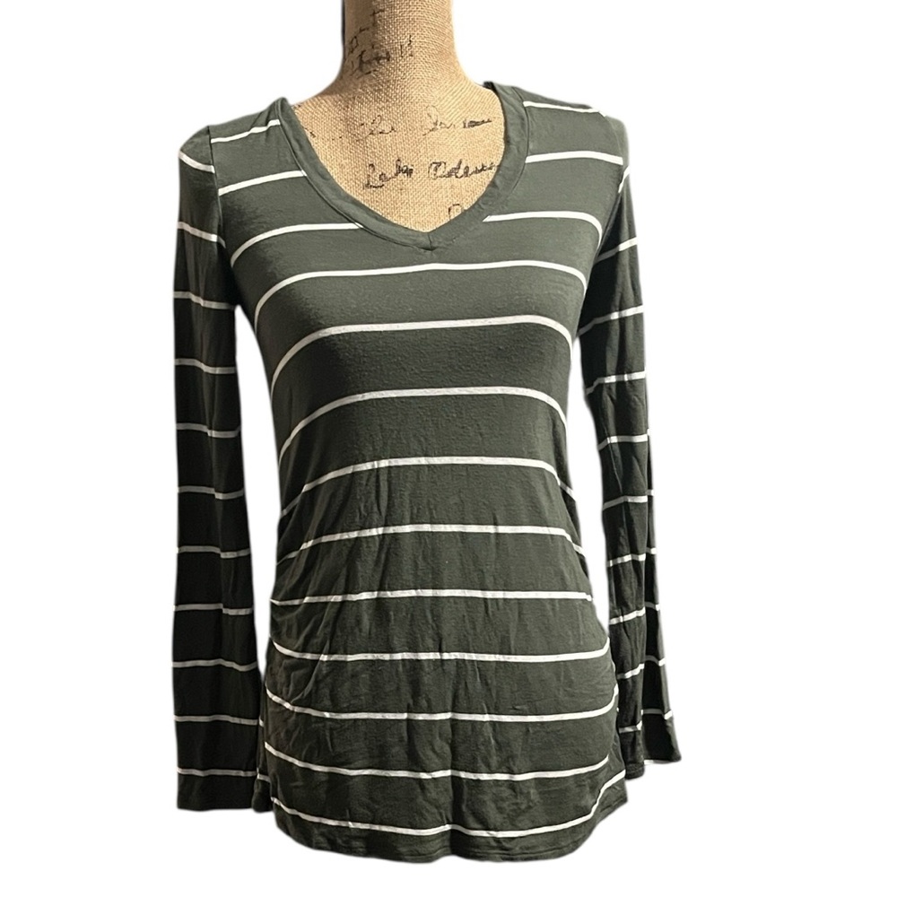 Juniper Lane Maternity Striped Olive Green & White Long Sleeve Tee